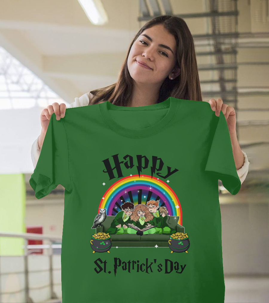Happy St. Patrick's Day With Rainbow And Green Characters On Couch T-Shirt