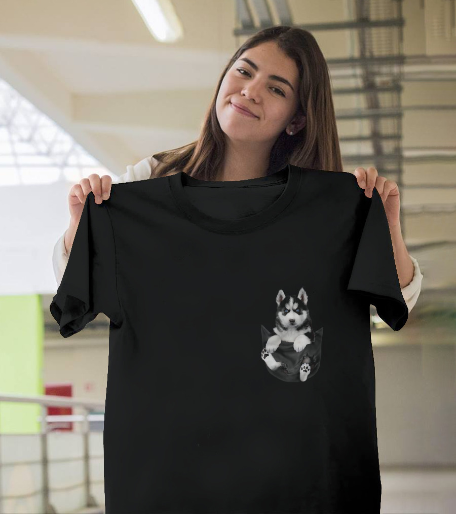 Husky Pocket Puppy in Dark Black T-Shirt