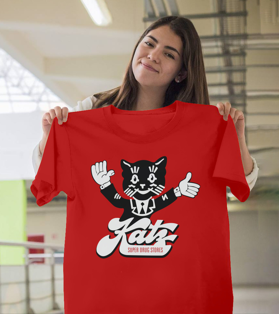Katz Super Drug Stores Cat Mascot Smiling And Waving In Suit And Tie T-Shirt
