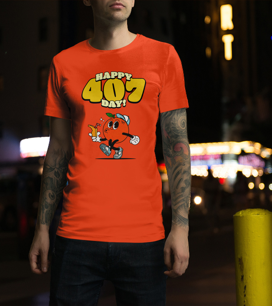Happy 407 Day Orlando Orange Character With Drink And Sneakers T-Shirt