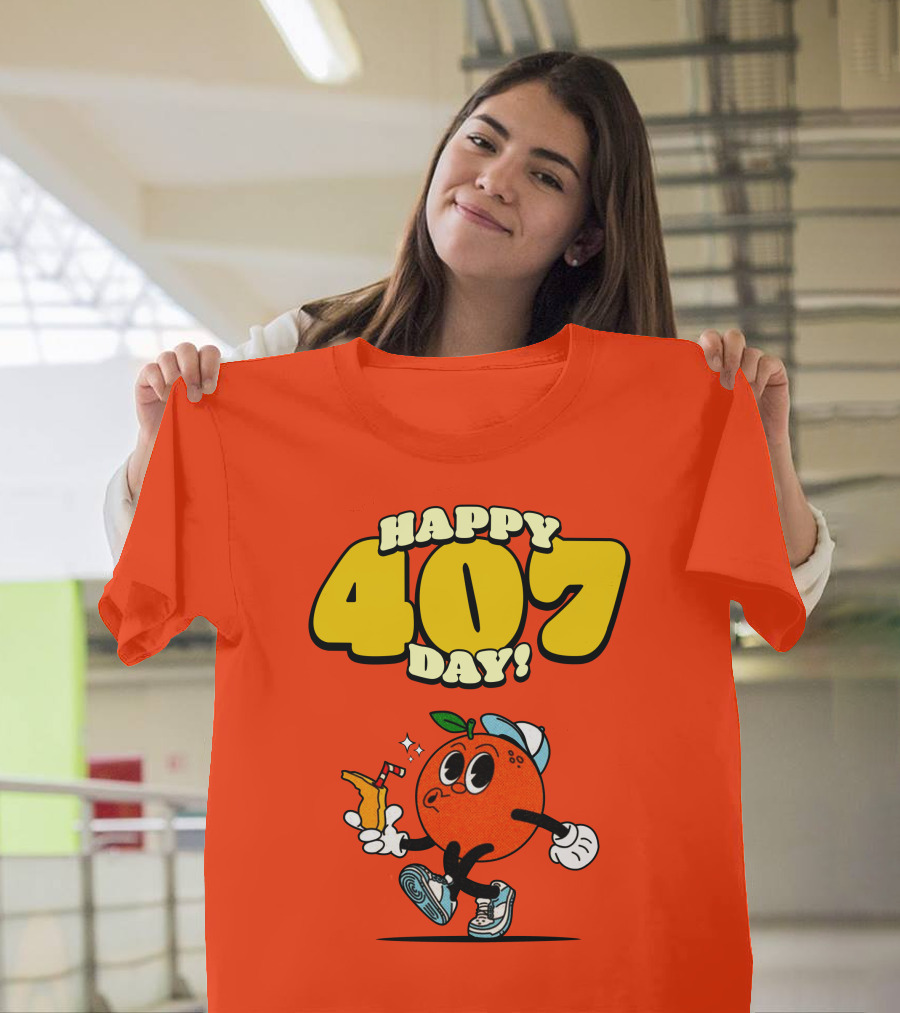 Happy 407 Day Orlando Orange Character With Drink And Sneakers T-Shirt