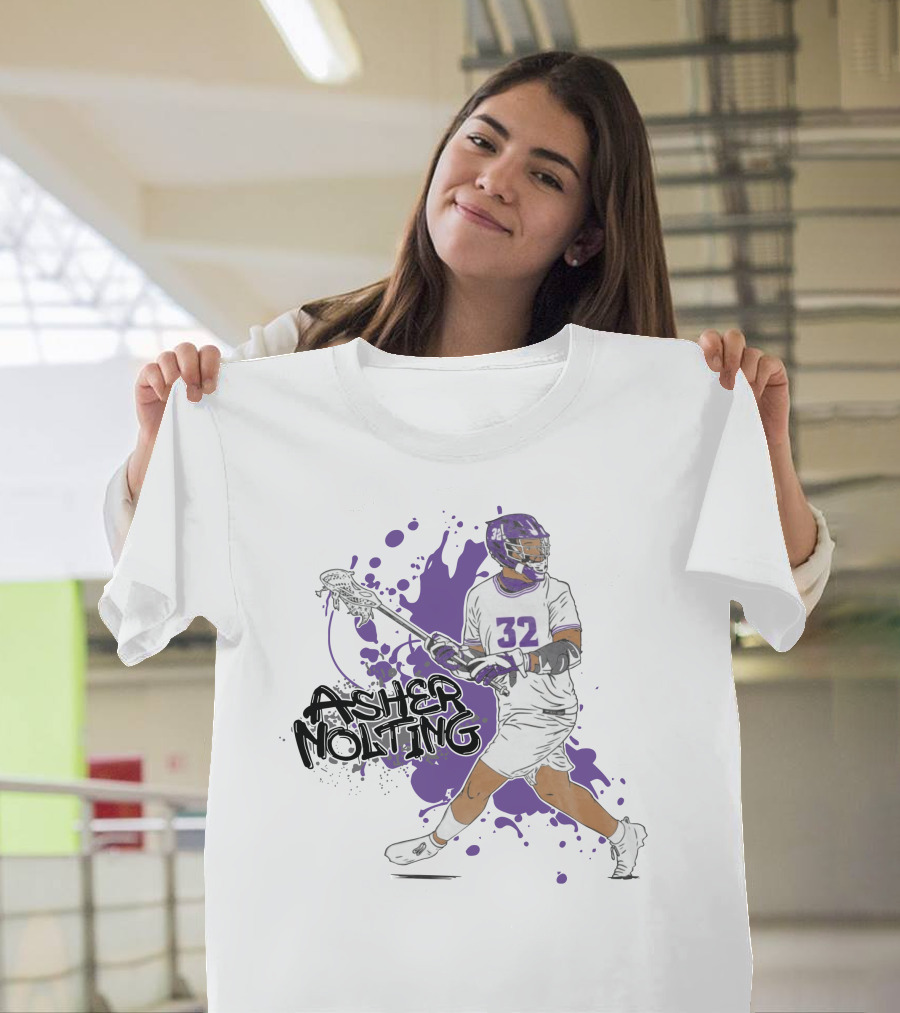 Asher Nolting 32 Lacrosse Player Purple Splatter T-Shirt