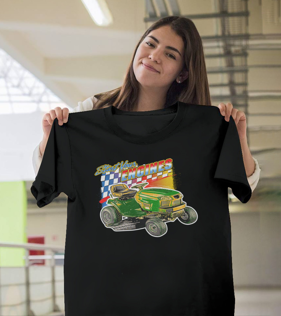 Start Your Engines Lawn Mower Racing With Checkered Flag T-Shirt