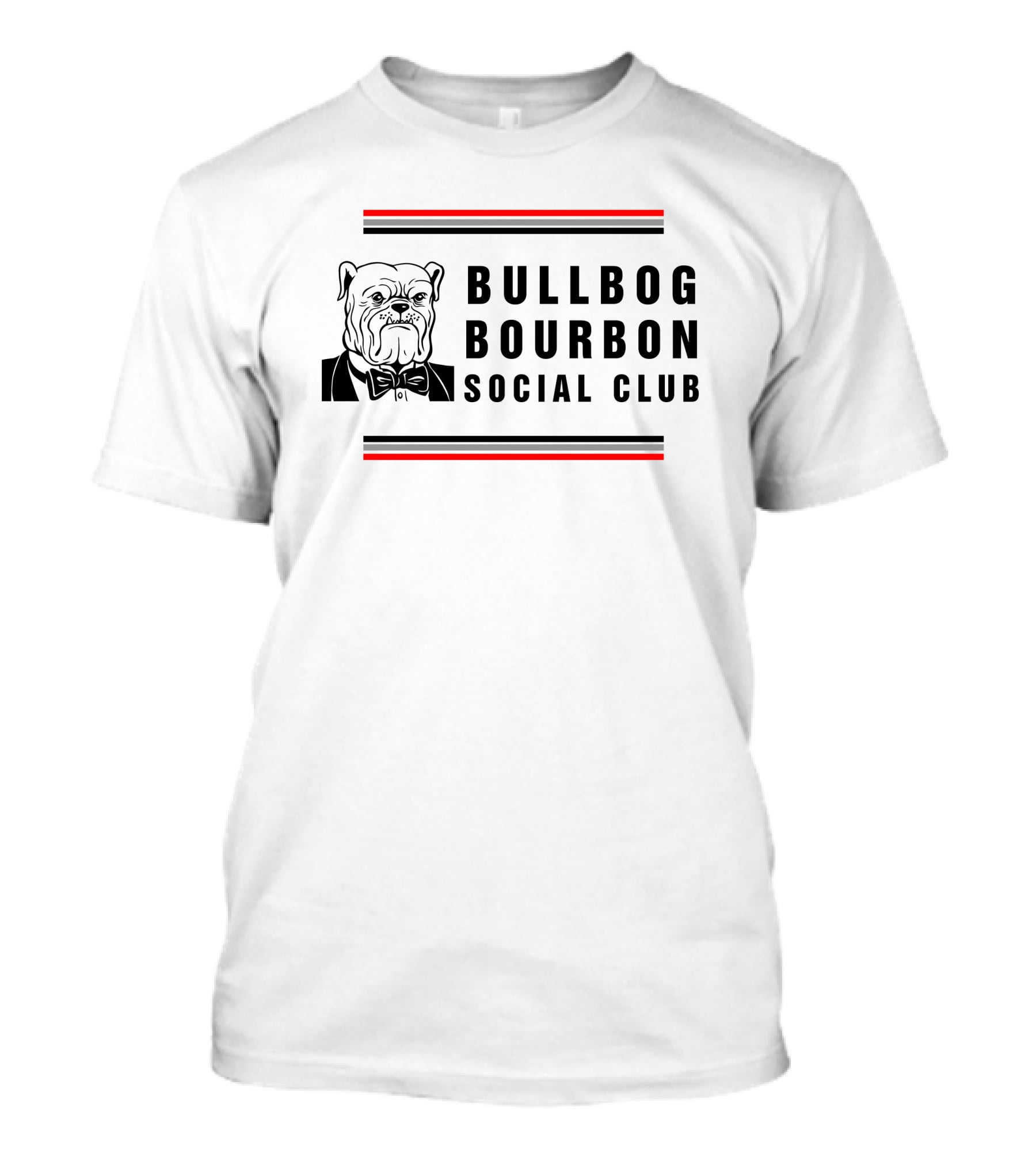 Bulldog Bourbon Social Club Classic Black And White Bulldog Illustration With Red Stripes T-Shirt