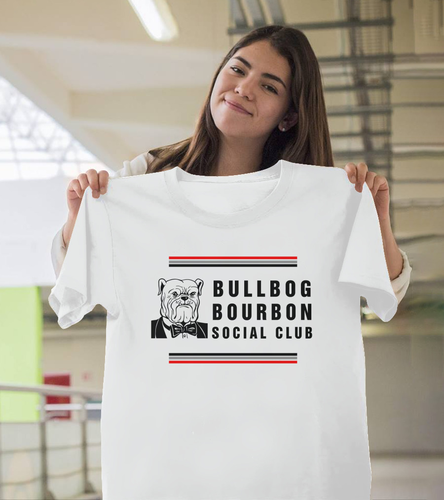 Bulldog Bourbon Social Club Classic Black And White Bulldog Illustration With Red Stripes T-Shirt