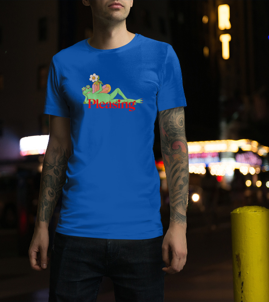 Pleasing Frog With Flower On Sky Blue Crewneck T-Shirt