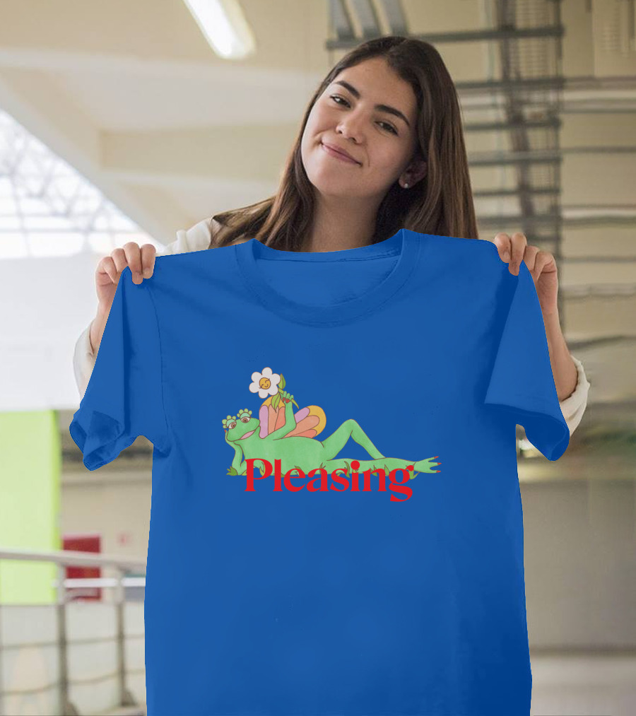 Pleasing Frog with Flower on Sky Blue Crewneck T-Shirt