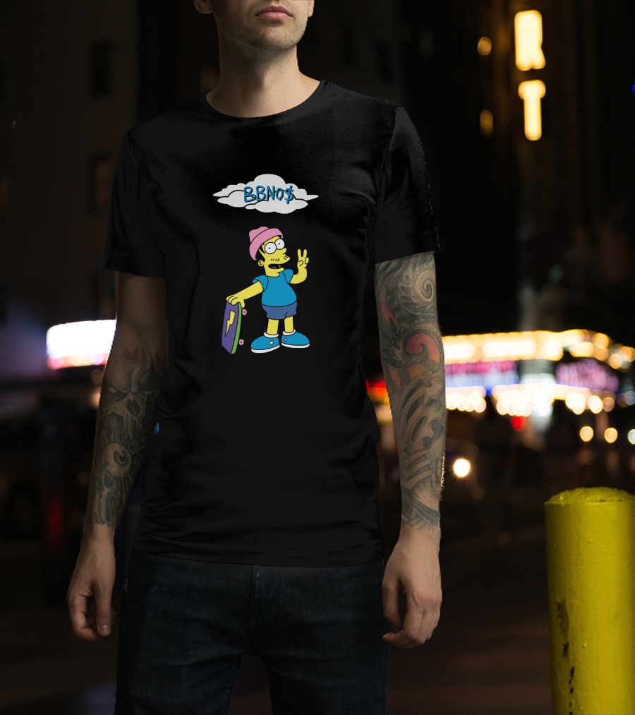 BBNO$ Cartoon Character With Skateboard And Peace Sign T-Shirt