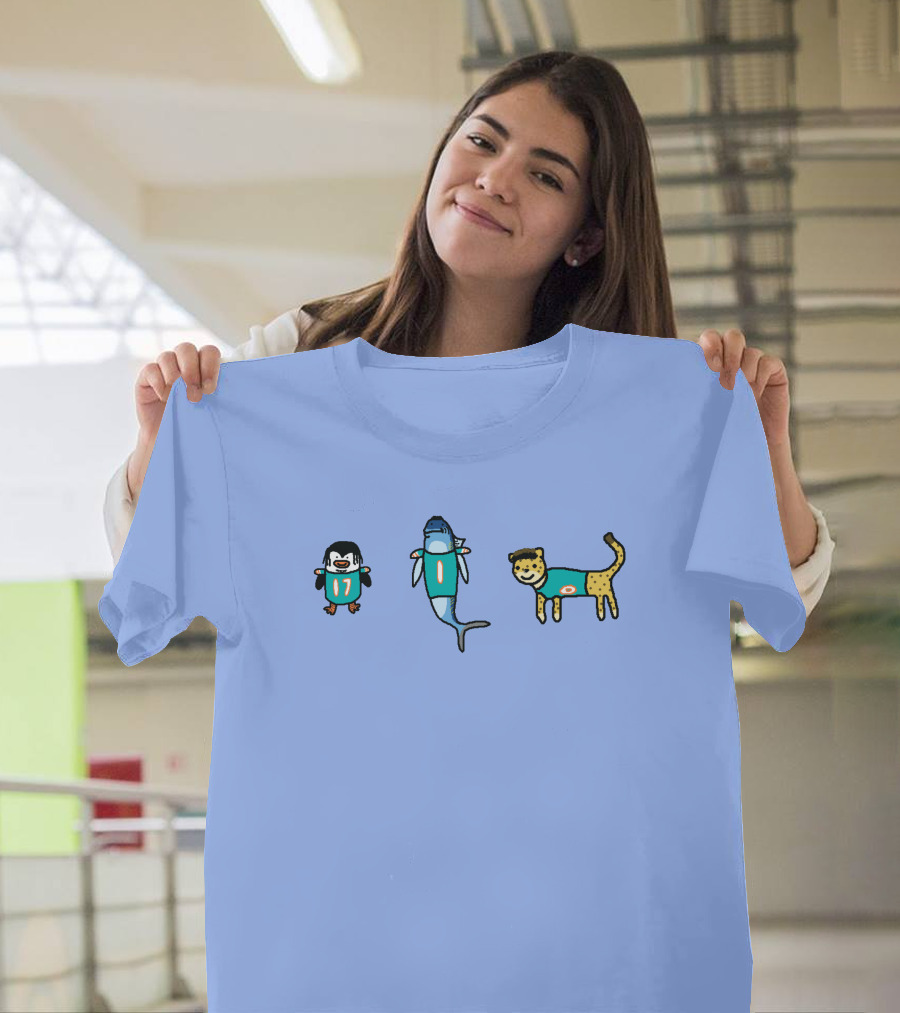 Waddle 17 Miami Dolphins Penguin Shark Cheetah Quirky Football Mascots T-Shirt