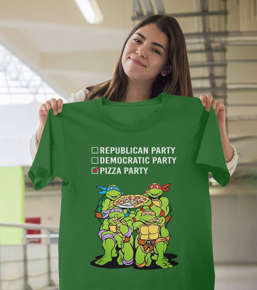 Pizza Party Checkmark with Four Ninja Turtles Carrying Pizza Under Republican Party Democratic Party Options T-Shirt