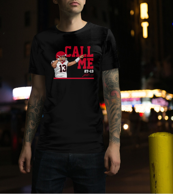 Stetson Bennett X The Players Call Me 13 Red Helmet Pointing 27-13 T-Shirt