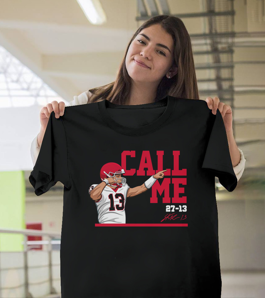 Stetson Bennett X The Players Call Me 13 Red Helmet Pointing 27-13 T-Shirt