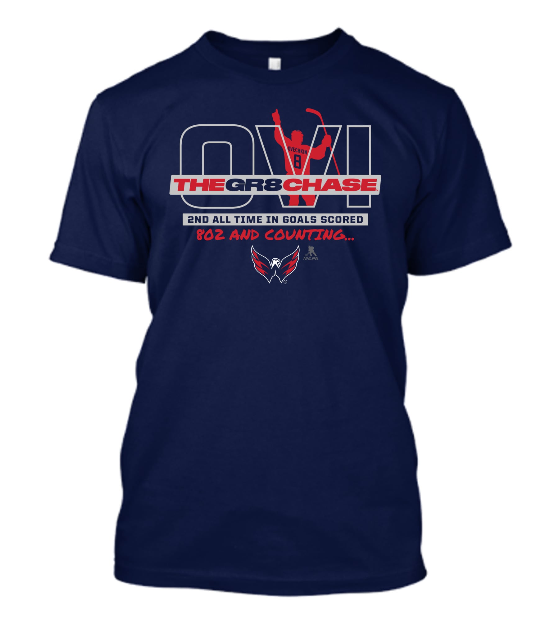 Washington Capitals Alexander Ovechkin The Gr8 Chase 2nd All Time In Goals Scored 802 And Counting T-Shirt