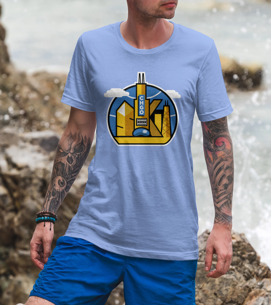 CHGO Skyline Blue Skies Sports Icon With Landmarks T-Shirt