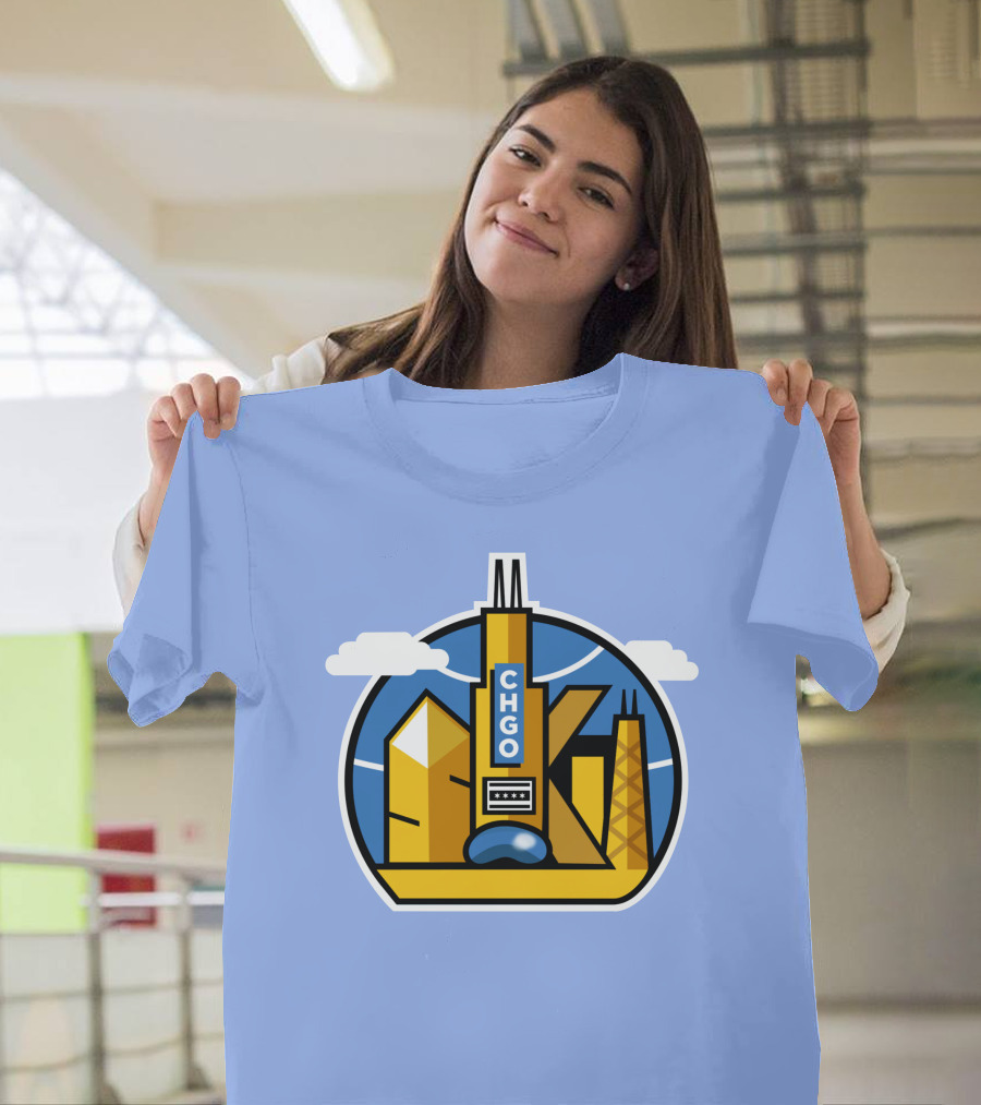 CHGO Skyline Blue Skies Sports Icon with Landmarks T-Shirt
