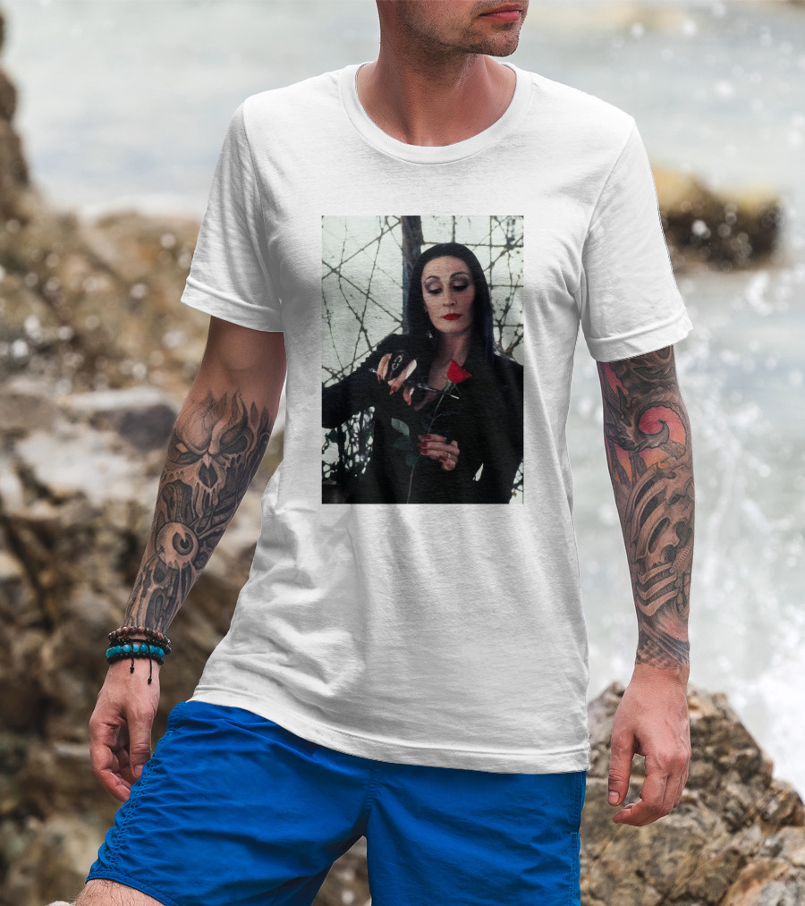Morticia Addams Anjelica Huston Cutting Rose Scene T-Shirt