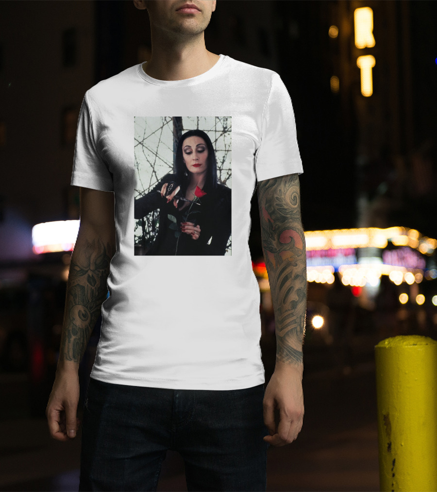 Morticia Addams Anjelica Huston Cutting Rose Scene T-Shirt