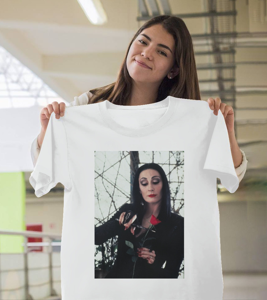 Morticia Addams Anjelica Huston Cutting Rose Scene T-Shirt