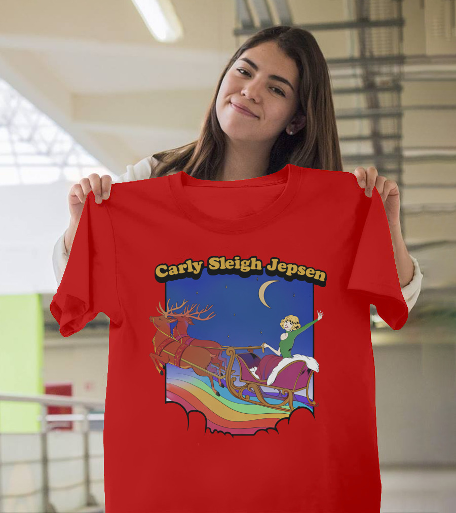 Carly Sleigh Jepsen Christmas Reindeer Sleigh Adventure Under Moonlit Sky T-Shirt