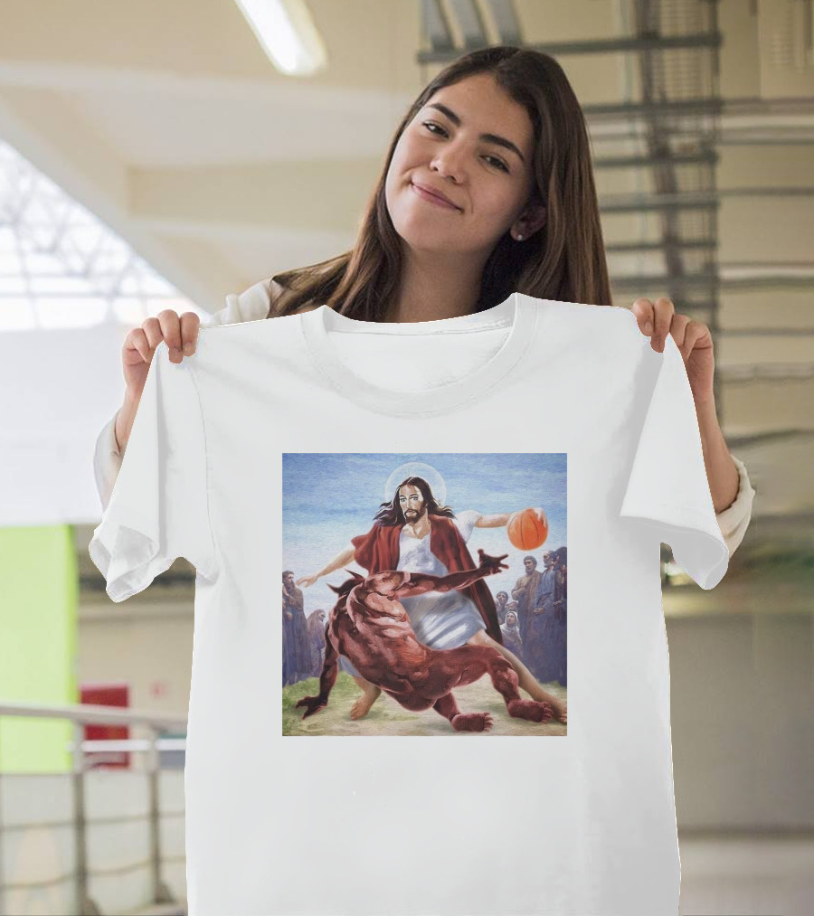 Jesus Dribbling Basketball Past Demon with Onlookers T-Shirt