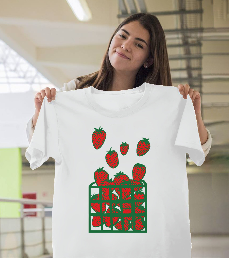 Strawberry Basket with Falling Strawberries Screen Print T-Shirt