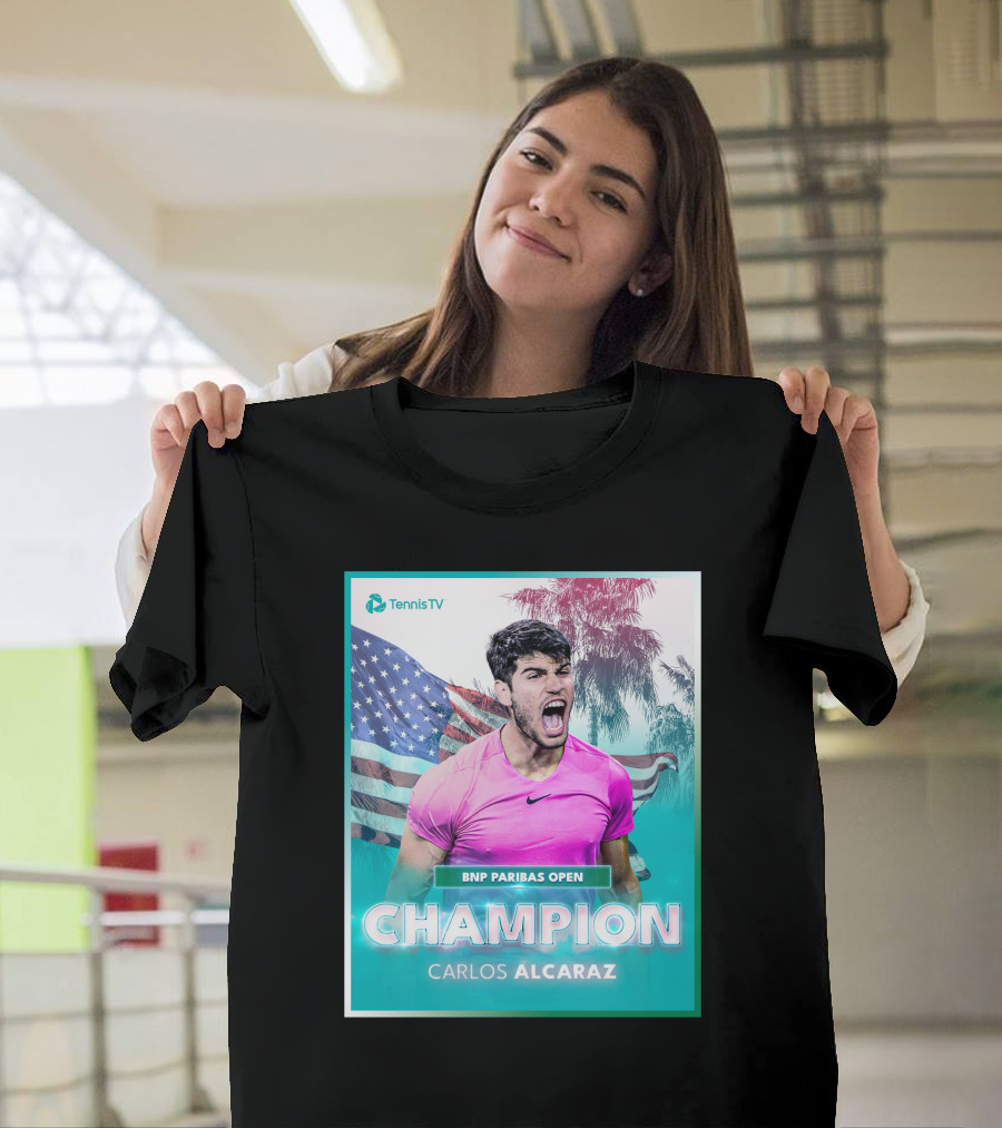 TennisTV BNP Paribas Open Champion Carlos Alcaraz American Flag Background T-Shirt