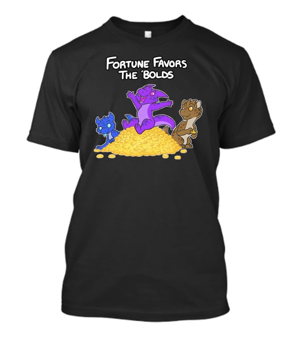 Kobold Fortune Favors The Bold Colorful Cartoon Creatures On Gold Coins T-Shirt