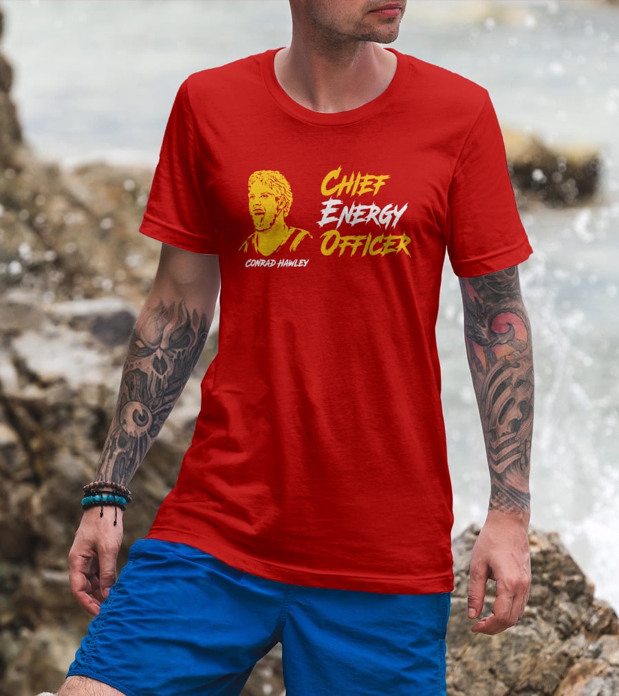 Conrad Hawley Chief Energy Officer Enthusiastic Portrait In Bold Yellow And White Text T-Shirt
