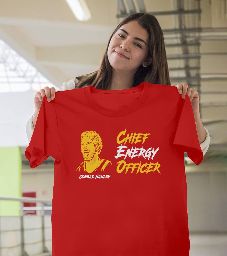 Conrad Hawley Chief Energy Officer Enthusiastic Portrait In Bold Yellow And White Text T-Shirt
