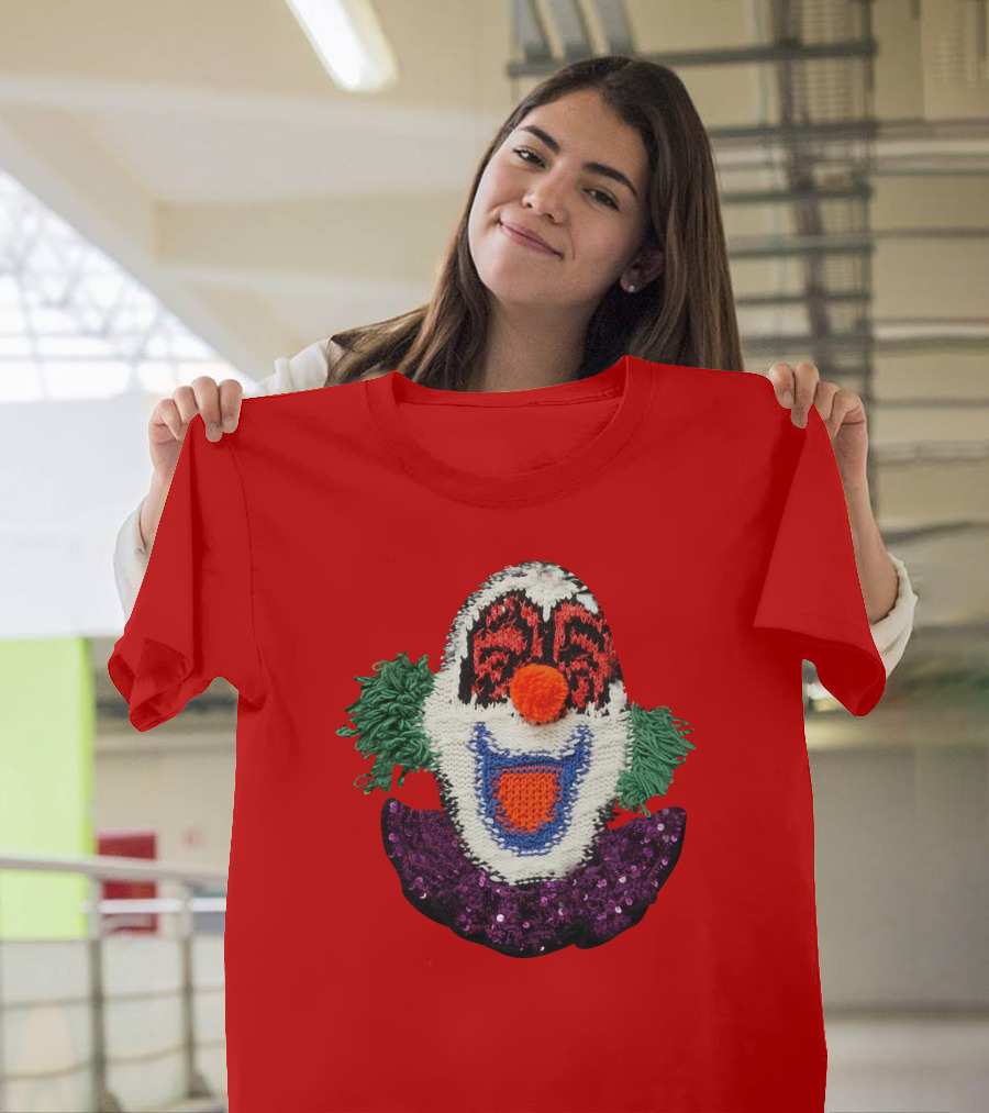 Sequin-Embellished Intarsia Wool Clown Face with Green Hair and Purple Collar T-Shirt