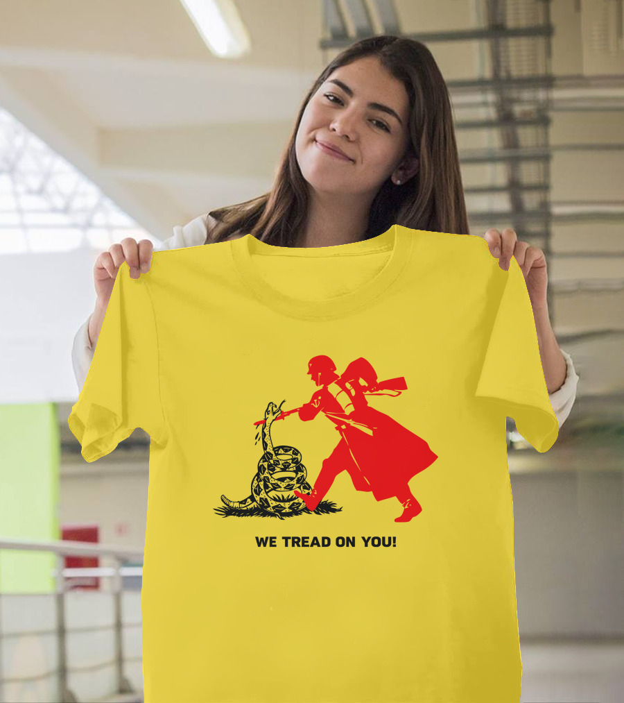 We Tread On You Revolutionary Soldier and Snake Yellow Background T-Shirt