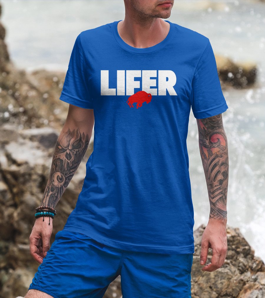 Lifer Buffalo Silhouette Blue Background T-Shirt