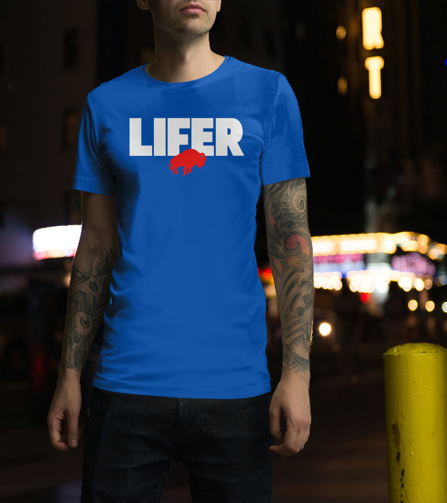 Lifer Buffalo Silhouette Blue Background T-Shirt