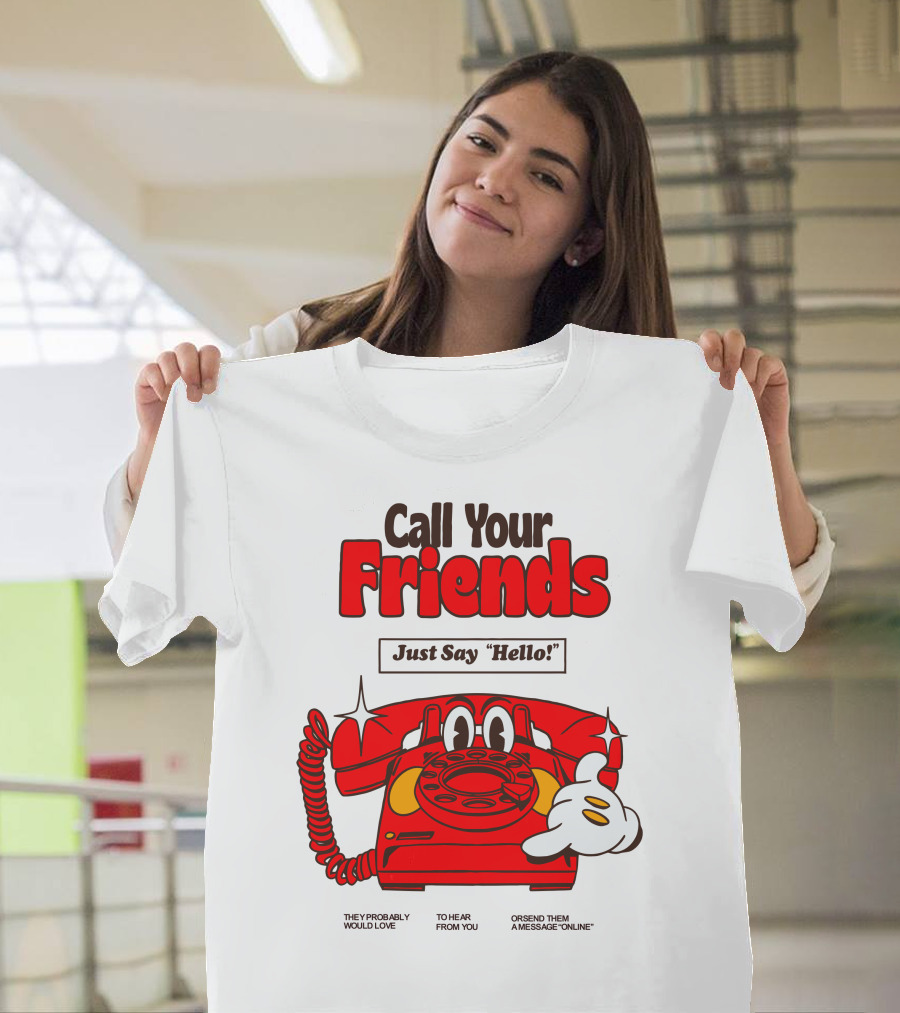 Call Your Friends Just Say Hello Retro Cartoon Telephone Message T-Shirt
