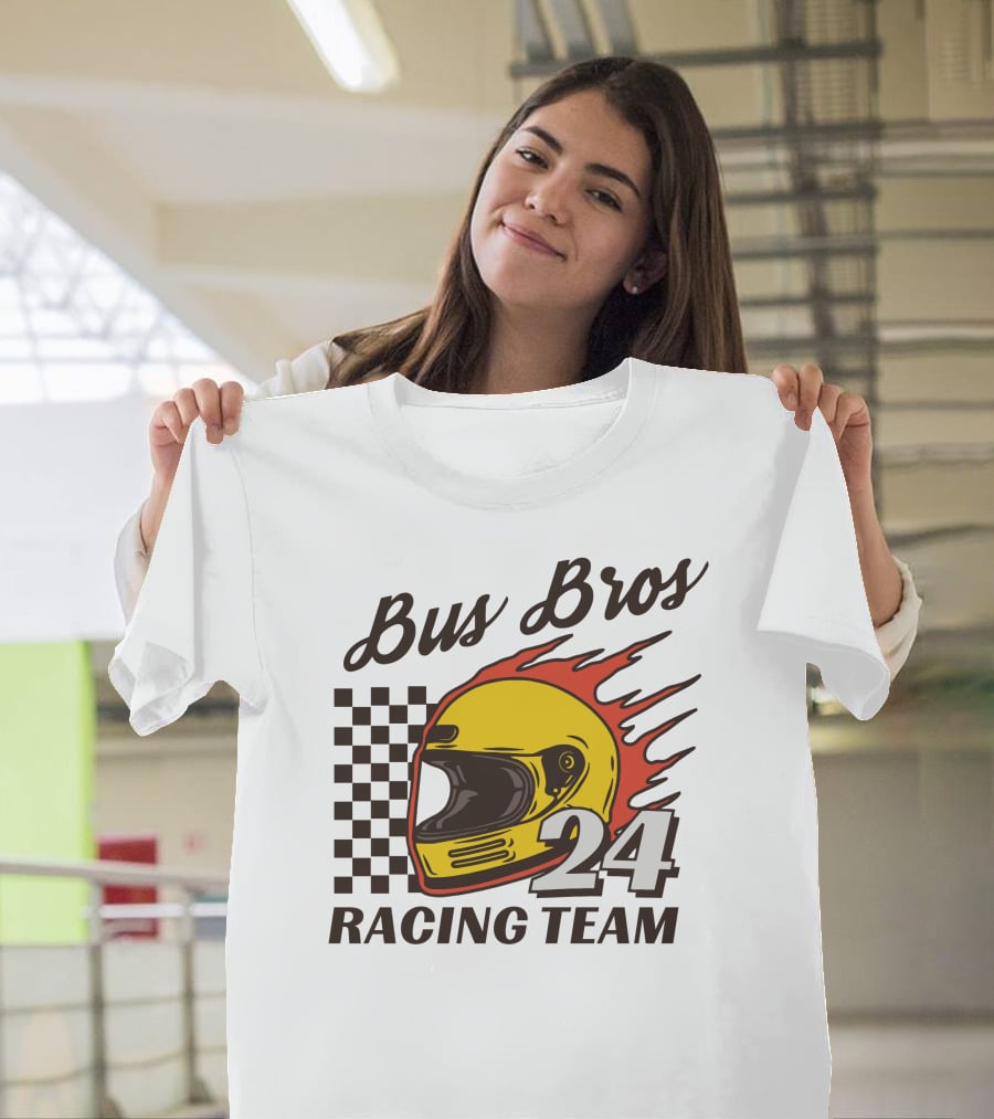 Bus Bros 24 Racing Team Helmet Flames Checkered Flag T-Shirt