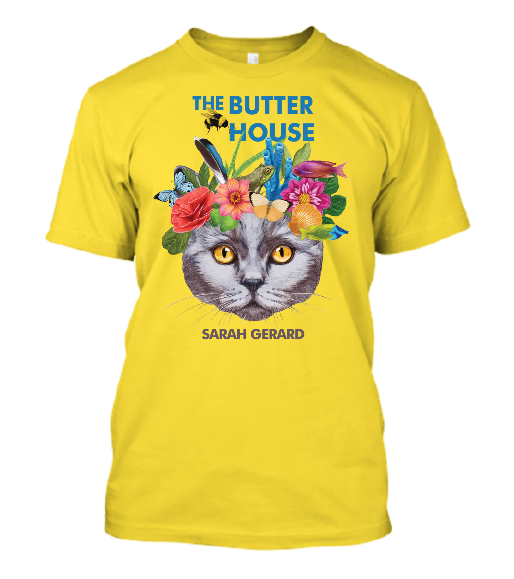 The Butter House Sarah Gerard Floral Cat With Butterflies And Fish On Yellow T-Shirt