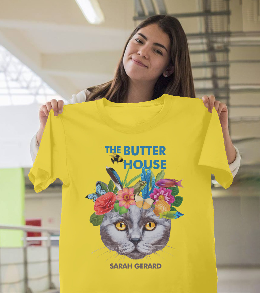 The Butter House Sarah Gerard Floral Cat With Butterflies And Fish On Yellow T-Shirt