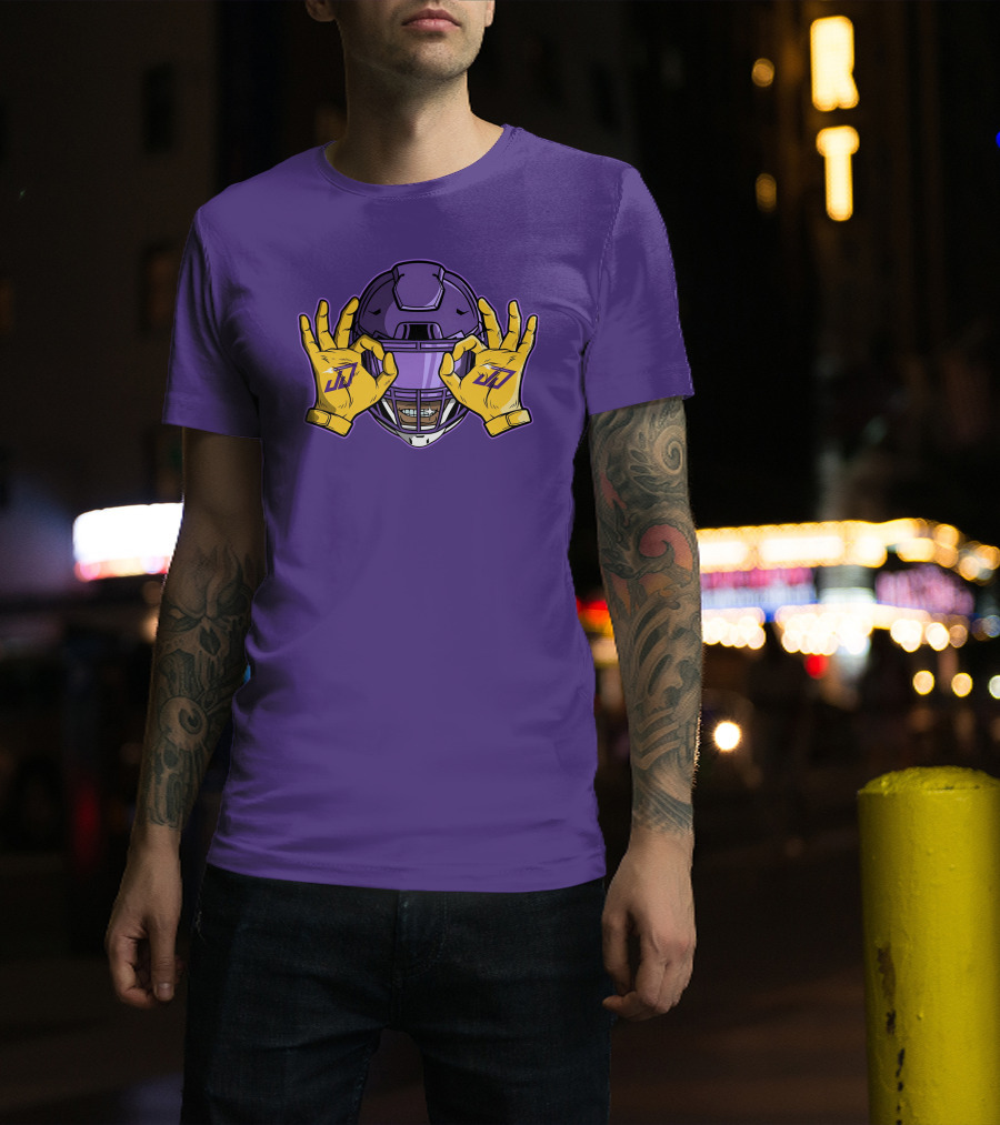 Kevin O’Connell Justin Jefferson Griddy JJ Celebration Viking Helmet Purple Yellow Hands T-Shirt