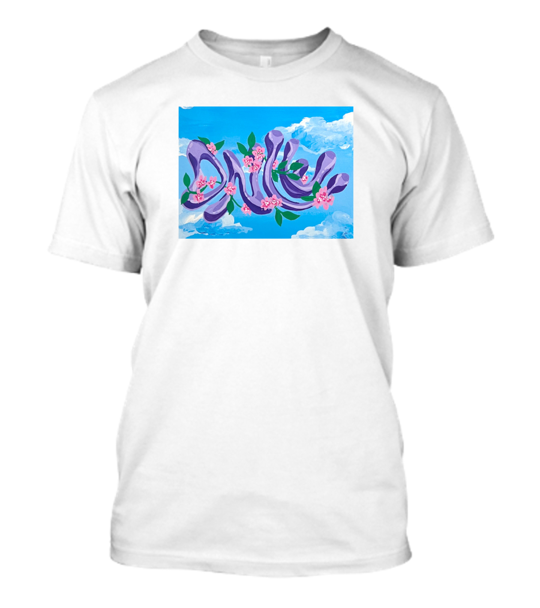 Jolene Dance Purple Script With Pink Flowers On Blue Sky Background T-Shirt