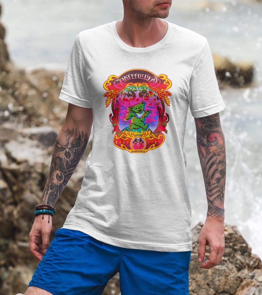 Grateful Dead X Plastered Psychedelic Bear Design With Skulls And Lightning T-Shirt