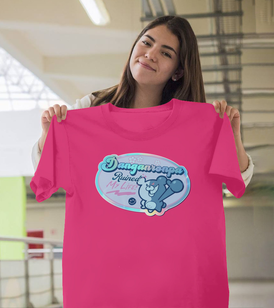 Danganronpa Ruined My Life Monokuma Smiley Pink Flowers T-Shirt