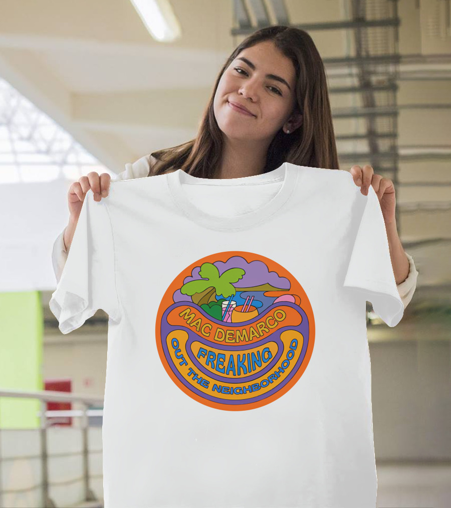 Mac Demarco Freaking Out the Neighborhood Colorful Retro Design with Beach and Palm Tree Elements T-Shirt
