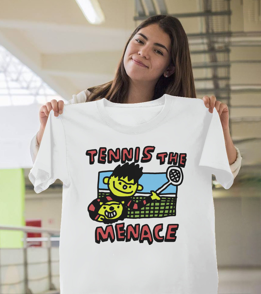 Tennis The Menace Comic Style Tennis Player With Racket T-Shirt