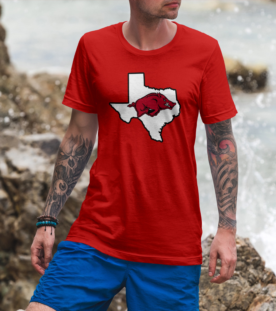 Arkansas Razorbacks Strong Hog Over Texas Map T-Shirt