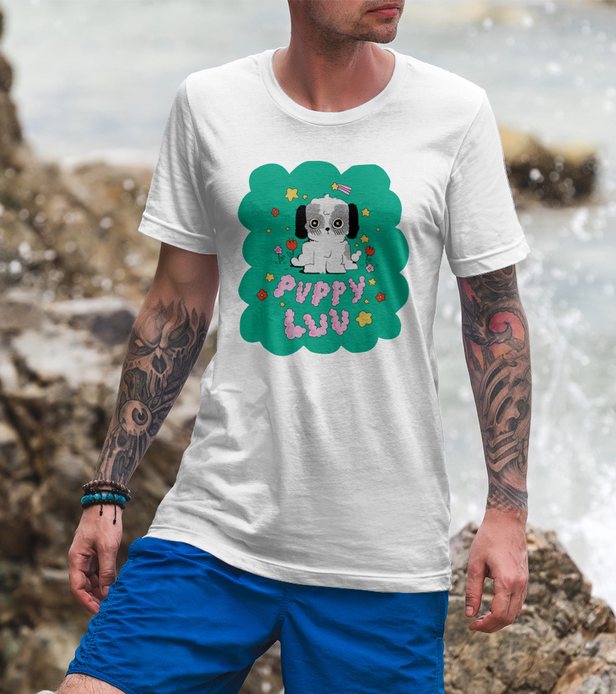 Puppy Luv Chloe Moriondo Cute Cartoon Dog With Stars And Flowers T-Shirt