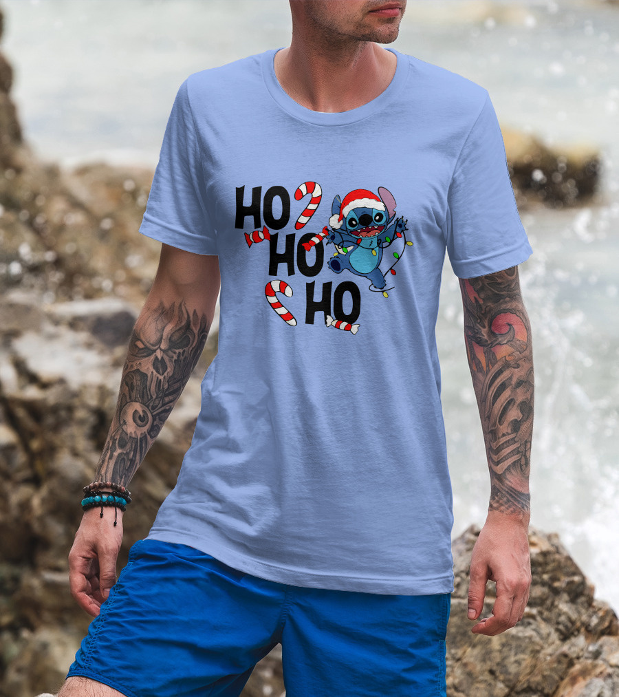 Stitch Ho Ho Ho Christmas Lights And Candy Canes T-Shirt