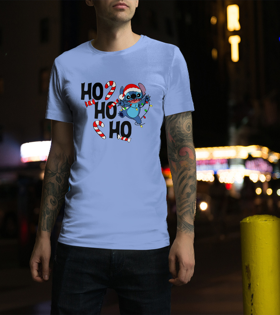 Stitch Ho Ho Ho Christmas Lights And Candy Canes T-Shirt