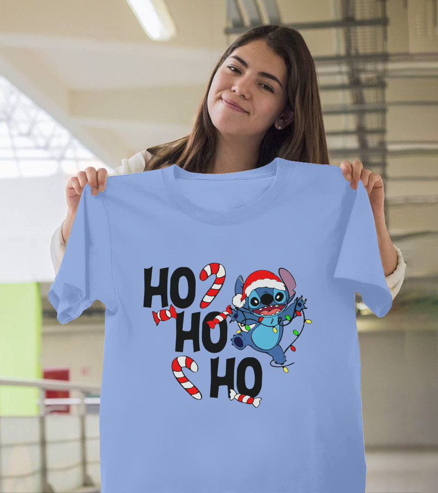 Stitch Ho Ho Ho Christmas Lights And Candy Canes T-Shirt