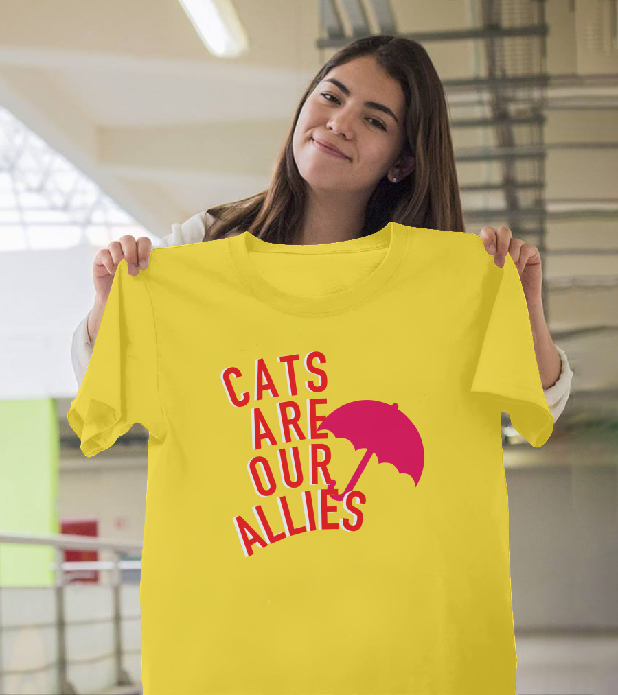 Jortsthecat Cats Are Our Allies Red Umbrella Yellow Background T-Shirt