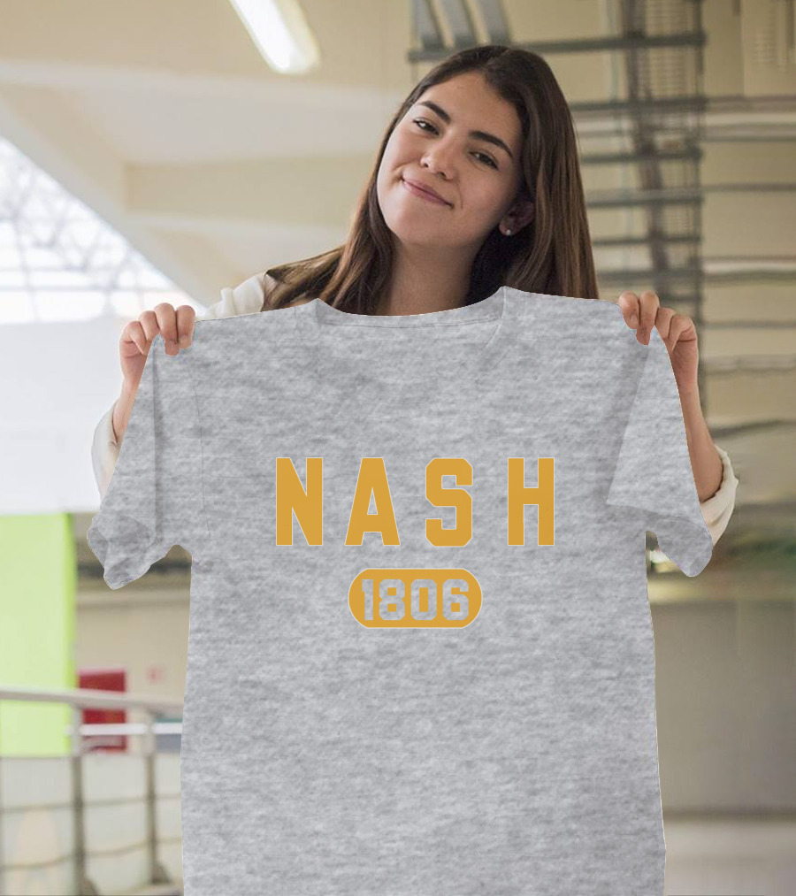 Nash 1806 Retro Varsity Style Yellow Text On Gray Background T-Shirt